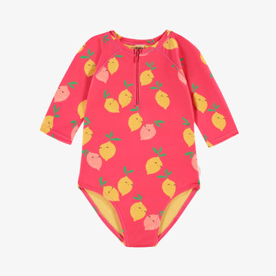 Maillot de bain une-pièce rose à motifs de citrons, enfant || Pink one piece swimsuit with lemon all over print, child