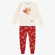 Pyjama crème et rouge à motifs Saint-Valentin enfant||Cream and red Valentine's Day pyjamas with all over print and illustration, child