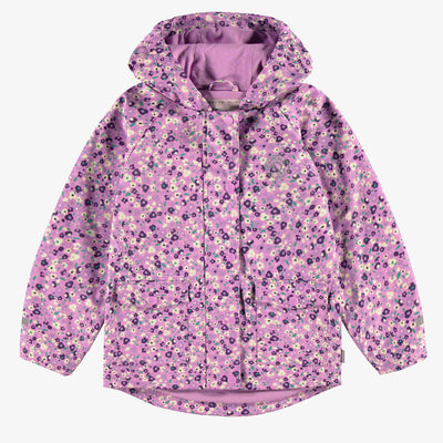 Manteau imperméable mauve à motifs de fleurs, enfant || Purple raincoat with flower all over print, child