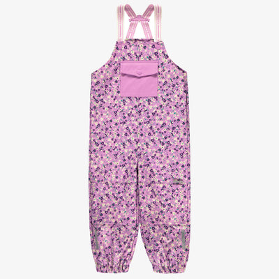 Salopette de pluie mauve en polyuréthane à motifs de fleurs, enfant || Purple polyurethane rain overalls with flower all over print, child