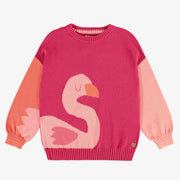 Chandail rose en tricot avec flamant surdimensionné, enfant || Pink knit sweater with oversized flamingo, child