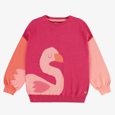 Chandail rose en tricot avec flamant surdimensionné, enfant || Pink knit sweater with oversized flamingo, child