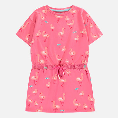 Robe rose en jersey extensible à motifs de flamants, enfant || Pink dress in stretch jersey with flamingo all-over print, child