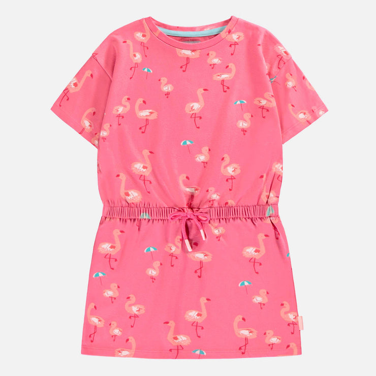 Robe rose en jersey extensible à motifs de flamants, enfant || Pink dress in stretch jersey with flamingo all-over print, child