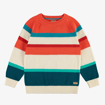 Chandail crème, orange et turquoise en tricot à rayures irrégulières, enfant || Cream, orange and turquoise knit sweater with irregular stripes, child