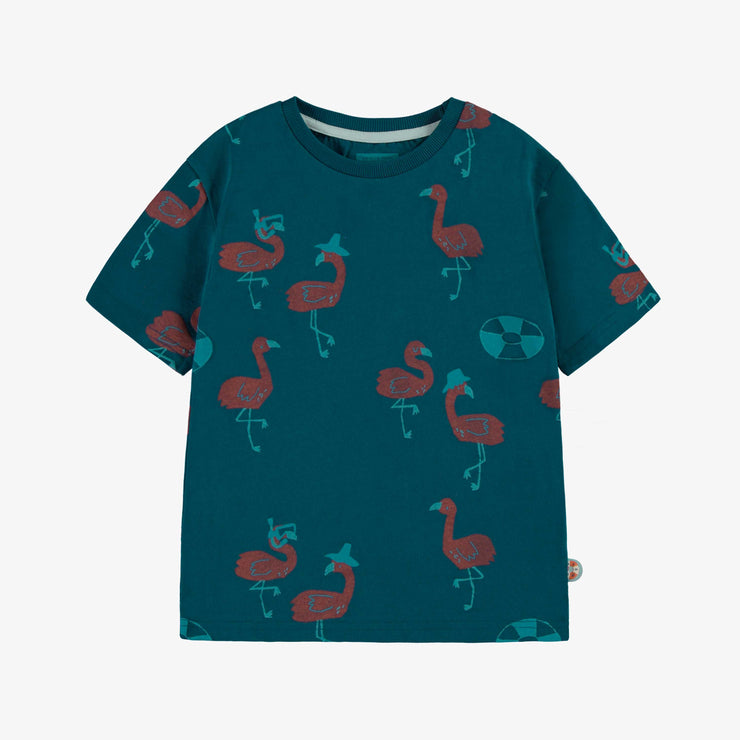 T-shirt turquoise en jersey à motifs de flamants, enfant || Turquoise t-shirt in jersey with flamingo all over print, child