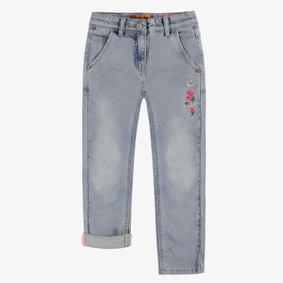 Pantalon en denim bleu pâle effet délavé avec broderies, enfant || Pale blue denim pants with faded effect and embroidery, child