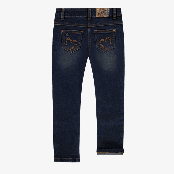 Dark blue denim pants with visible seams, child