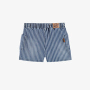 Short en denim cheminot bleu et blanc à rayures, enfant || Blue and white striped railroad denim shorts, child