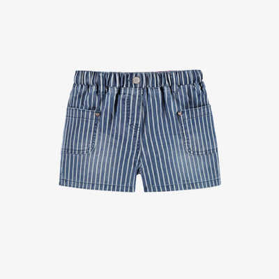 Short en denim cheminot bleu et blanc à rayures, enfant || Blue and white striped railroad denim shorts, child