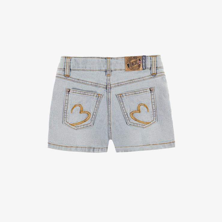 Short de denim bleu pâle effet délavé avec broderies, enfant || Pale blue denim shorts with faded effect and embroidery, child