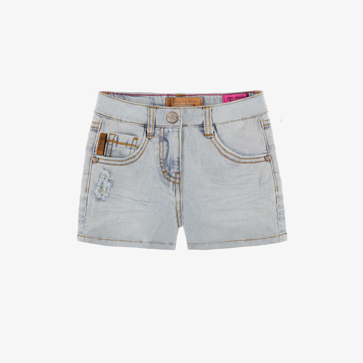 Short de denim bleu pâle effet délavé avec broderies, enfant || Pale blue denim shorts with faded effect and embroidery, child