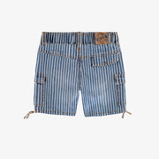 Bermuda en denim cheminot bleu et blanc à rayures, enfant || Blue and white striped railroad denim bermuda shorts, child