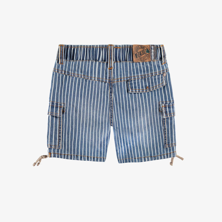 Bermuda en denim cheminot bleu et blanc à rayures, enfant || Blue and white striped railroad denim bermuda shorts, child