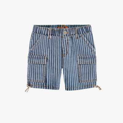 Bermuda en denim cheminot bleu et blanc à rayures, enfant || Blue and white striped railroad denim bermuda shorts, child