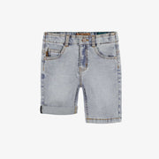 Bermuda en denim extensible bleu pâle effet usé, enfant || Pale blue bermuda shorts in stretch denim, child