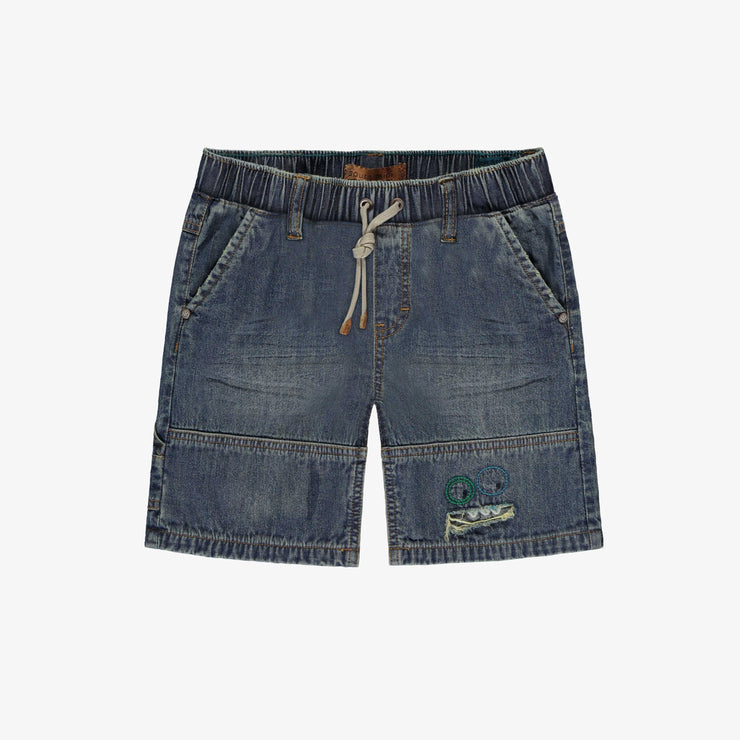 Bermuda en denim bleu moyen avec broderie, enfant || Medium blue bermuda in denim with embroidery, child