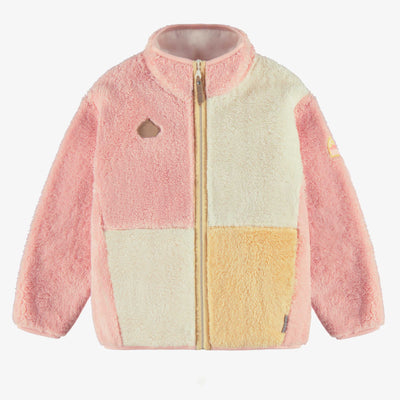 Veste en peluche rose avec blocs de couleur à col montant, enfant || Plush pink vest with color blocks and stand-up collar, child