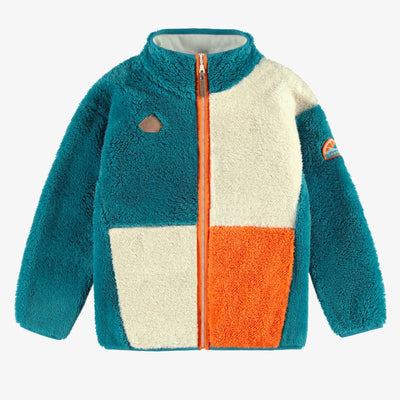 Veste en peluche bleue avec blocs de couleur à col montant, enfant || Plush blue vest with color blocks and stand-up collar, child