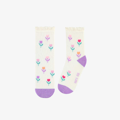 Chaussettes crème à motifs de fleurs, enfant || Cream socks with floral all over print, child