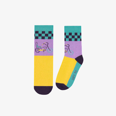 Chaussettes jaunes, mauves et turquoise avec une bicyclette, enfant || Yellow, purple and turquoise socks with a bicycle, child