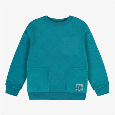 Chandail unisexe turquoise en jersey matelassé, enfant || Unisex turquoise quilted jersey sweater, child