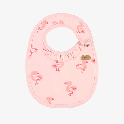 Bavoir rose en jersey à motifs de flamants, naissance || Pink bib in jersey with flamingo all over print, newborn