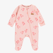 Pyjama une pièce rose en jersey extensible à motifs de flamants, naissance || Pink one piece pajamas in stretch jersey with flamingo all over print, newborn