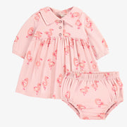 Robe et bloomer rose en jersey extensible à motifs de flamants, naissance || Pink dress and bloomer in stretch jersey with flamingo all over print, newborn