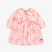 Robe et bloomer rose en jersey extensible à motifs de flamants, naissance || Pink dress and bloomer in stretch jersey with flamingo all over print, newborn