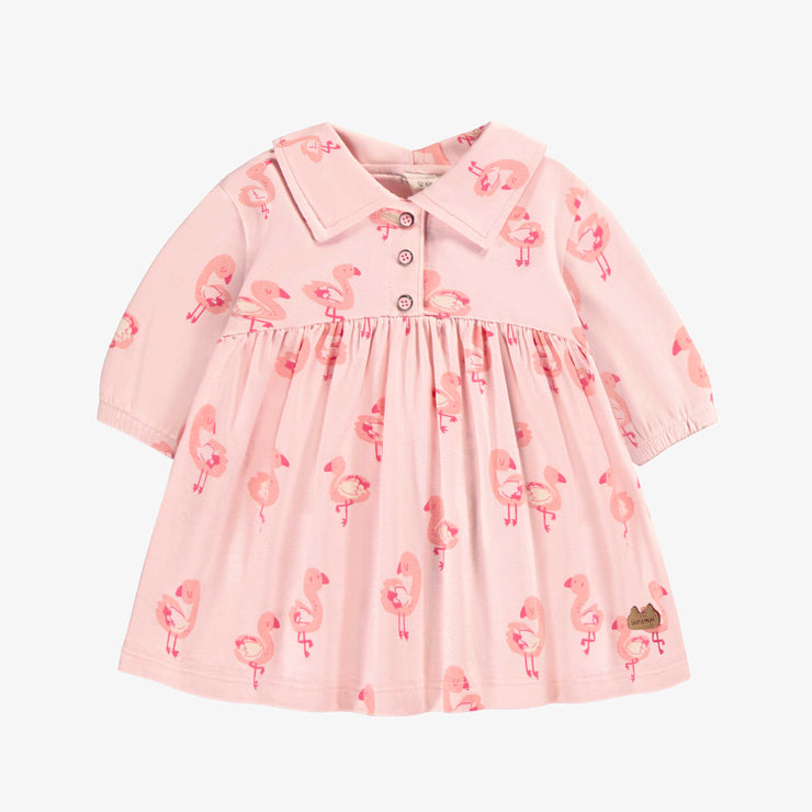 Robe et bloomer rose en jersey extensible à motifs de flamants, naissance || Pink dress and bloomer in stretch jersey with flamingo all over print, newborn