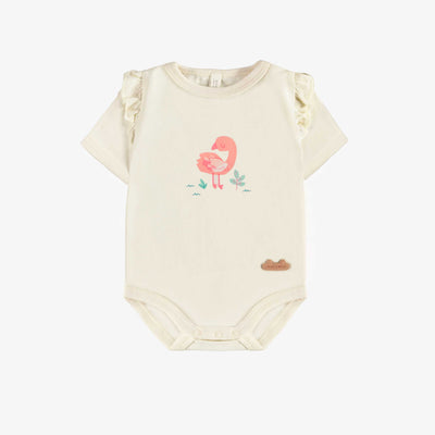 Cache-couche crème en jersey extensible avec flamant, naissance || Cream bodysuit in stretch jersey with a flamingo, newborn