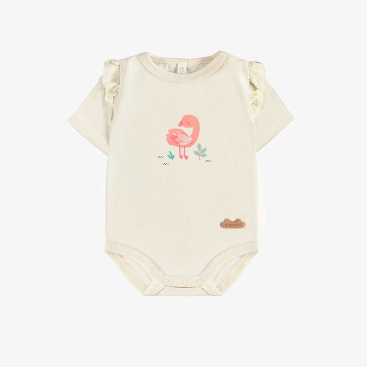 Cache-couche crème en jersey extensible avec flamant, naissance || Cream bodysuit in stretch jersey with a flamingo, newborn