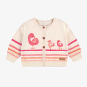 Cardigan crème en tricot avec flamants et rayures, naissance || Cream knit cardigan with flamingos and stripes, newborn