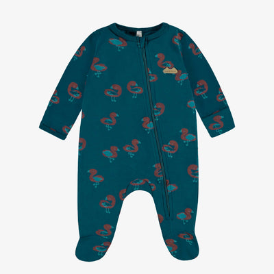 Pyjama une pièce turquoise en jersey extensible à motifs de flamants, naissance || Turquoise one-piece pajamas in stretch jersey with flamingo all over print, newborn