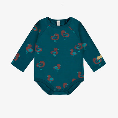 Cache-couche turquoise en jersey extensible à motifs de flamants, naissance || Turquoise bodysuit in stretch jersey with flamingo all over print, newborn