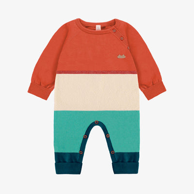 Une pièce orange, turquoise et crème en maille, naissance || Orange, turquoise and cream knit one-piece, newborn