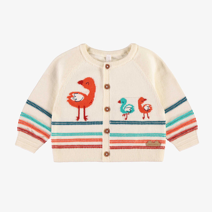 Cardigan crème en tricot avec flamants et rayures, naissance || Cream knit cardigan with flamingos and stripes, newborn