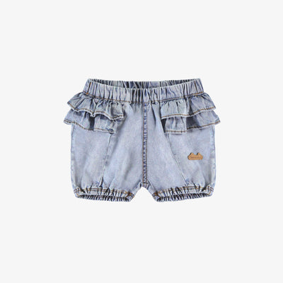 Short en denim bleu pâle avec volants, naissance || Pale blue short in denim with ruffles, newborn