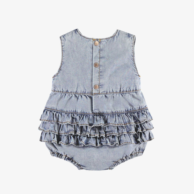 Une pièce en denim bleu pâle avec volants, naissance || Pale blue one piece in denim with ruffles, newborn