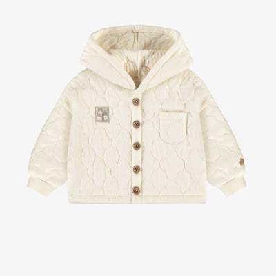 Veste à capuchon unisexe crème en coton matelassé, naissance || Unisex cream quilted jersey hooded vest, newborn