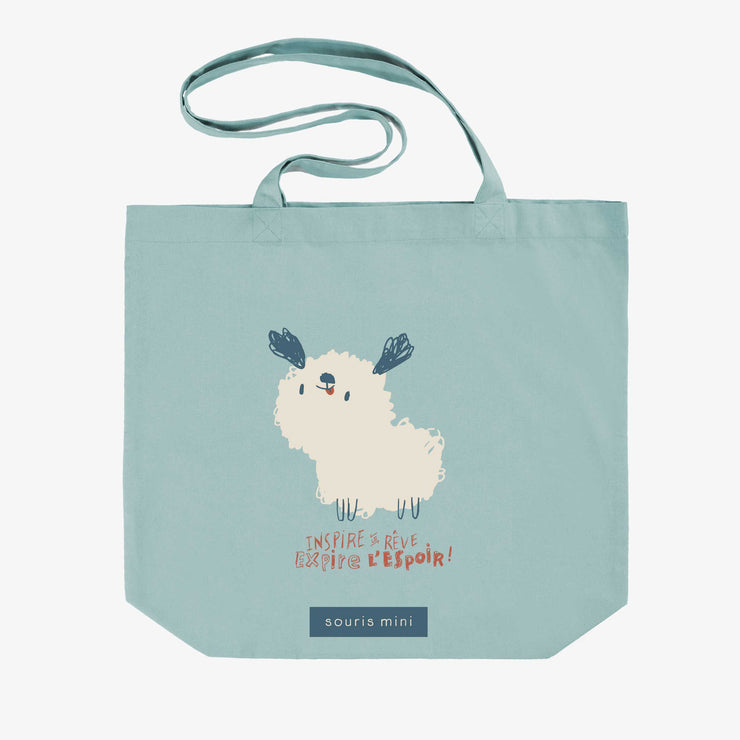 Sac réutilisable bleu avec illustration au profit de la fibrose kystique || Blue reusable bag with illustration in support of cystic fibrosis