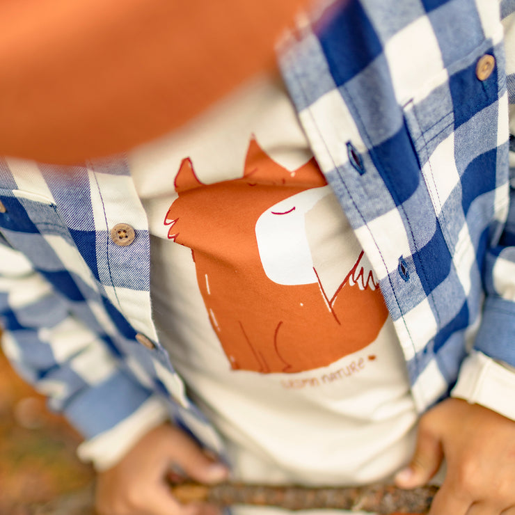 T-shirt crème à manches longues avec un renard en jersey, enfant || Cream long-sleeves t-shirt with a fox in jersey, child