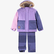 Habit de neige deux pièces mauve et bleu-mauve avec bloc de couleur rose, enfant || Two-piece purple and blue-purple snowsuit with pink color block, child