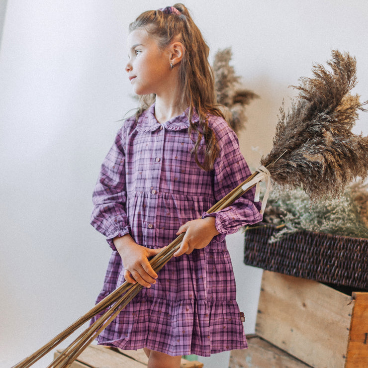 Robe mauve à carreaux en flanelle brossée, enfant || Purple plaid dress in brushed flannel, child