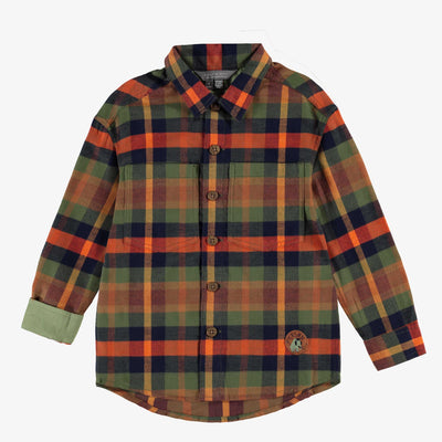 Chemise à carreaux orange, verts et bleus, en flanelle brossée, enfant || Orange, green and blue check shirt in brushed flannel, child