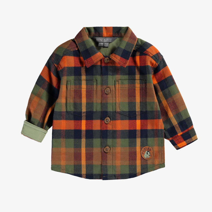 Chemise à carreaux orange, verts et bleus, en flanelle brossée, bébé || Orange, green and blue check shirt in brushed flannel, baby