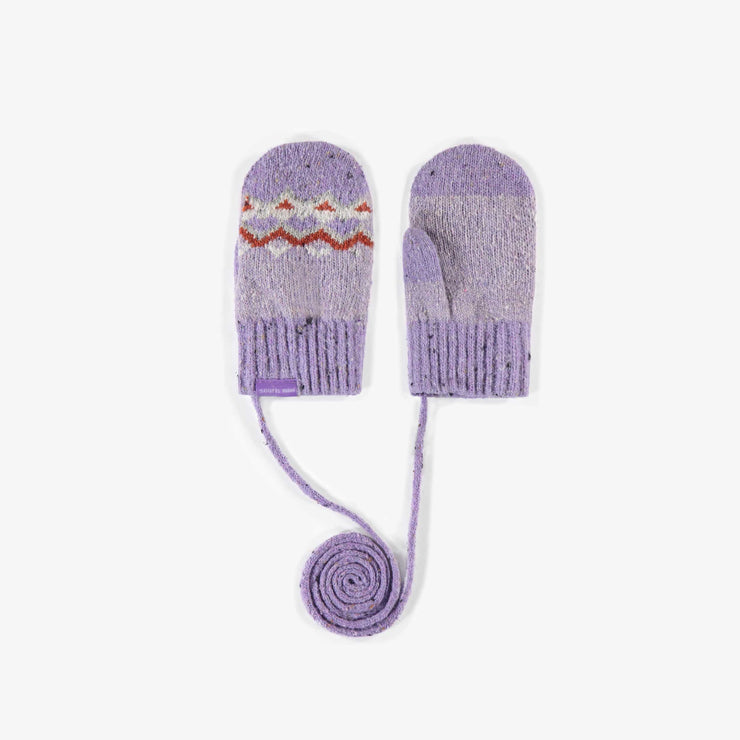 Mitaines de maille mauves en jacquard à cordon, bébé || Purple jacquard knitted mittens with string, baby