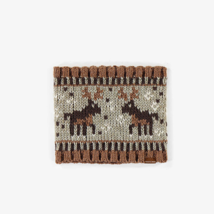 Cache-cou brun à motif d’orignaux, bébé || Brown neck warmer with moose pattern, baby